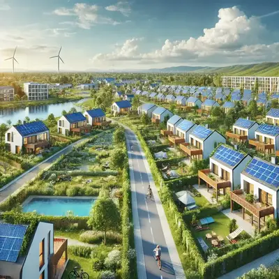 picturesque eco-friendly residential community with modern sustainable homes surrounded by lush greenery. Solar panels on rooftops, large open parks
